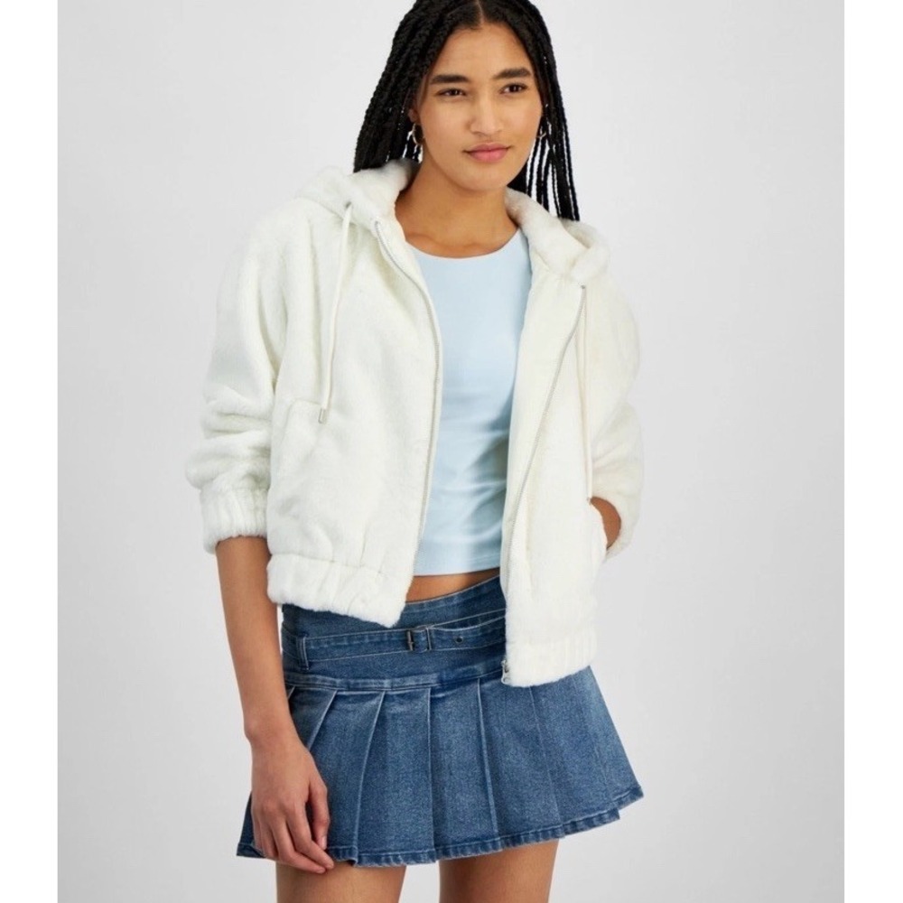 Planet Heart Juniors White Faux Fur Cozy Hooded Jacket Pockets Size M NWT